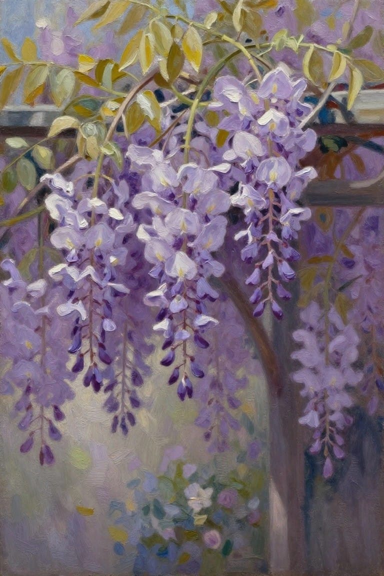 Purple wisteria blooms cascading from wooden trellis with green leaves