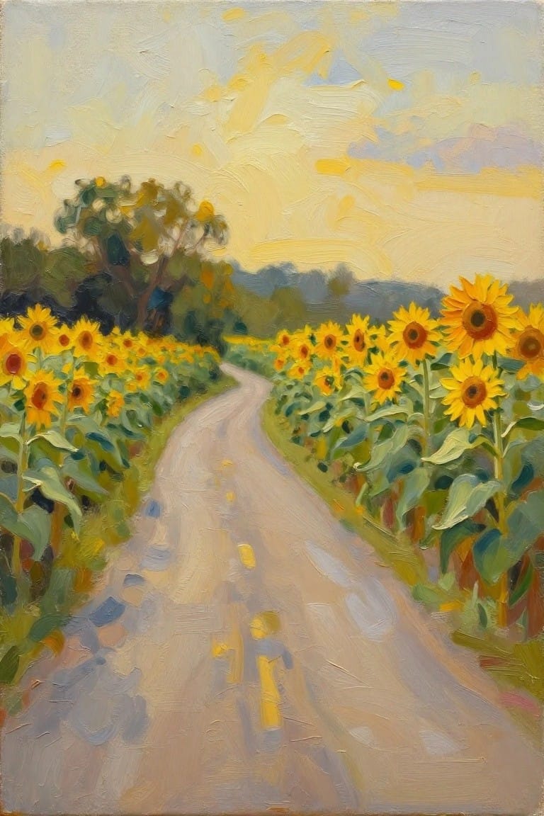 Winding road through sunflower fields under yellow sky, impressionist oil painting.