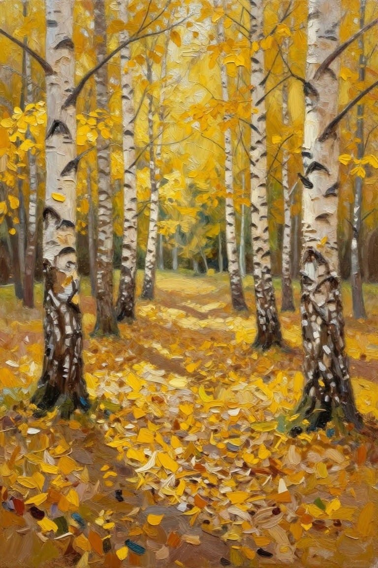 Oil painting of birch forest path covered in golden yellow autumn leaves