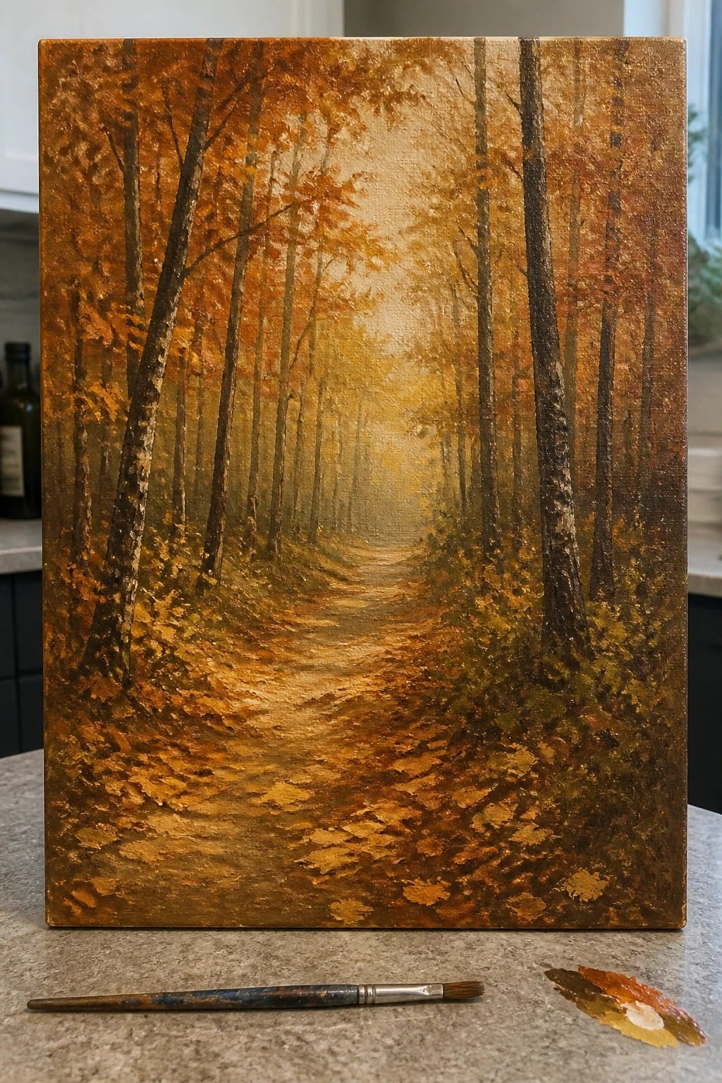 Autumn forest path oil painting with paintbrush and colors on counter