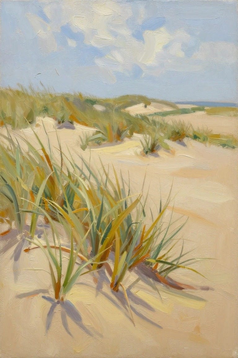 Painting of windswept grass on sandy dunes beneath a cloudy blue sky