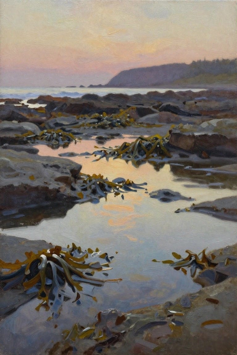Rocky shoreline with yellow seaweed in reflective pink tide pools at sunset, distant hills.
