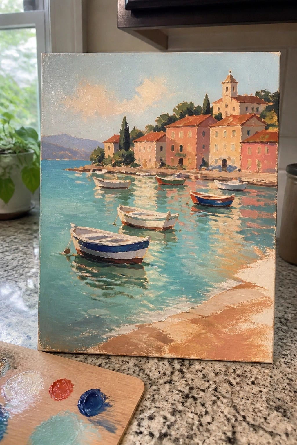 Painting of colorful seaside buildings with boats on blue water and artist's palette in foreground