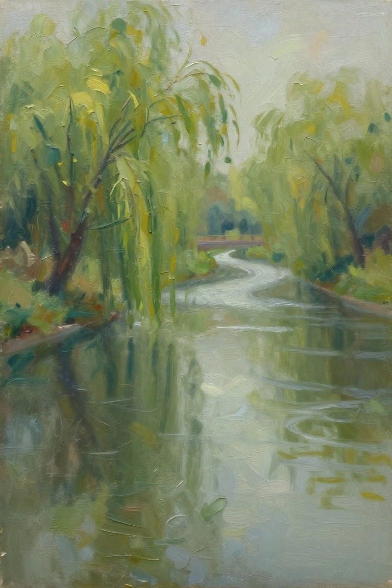 Impressionistic painting of winding river with green willow reflections and distant bridge.