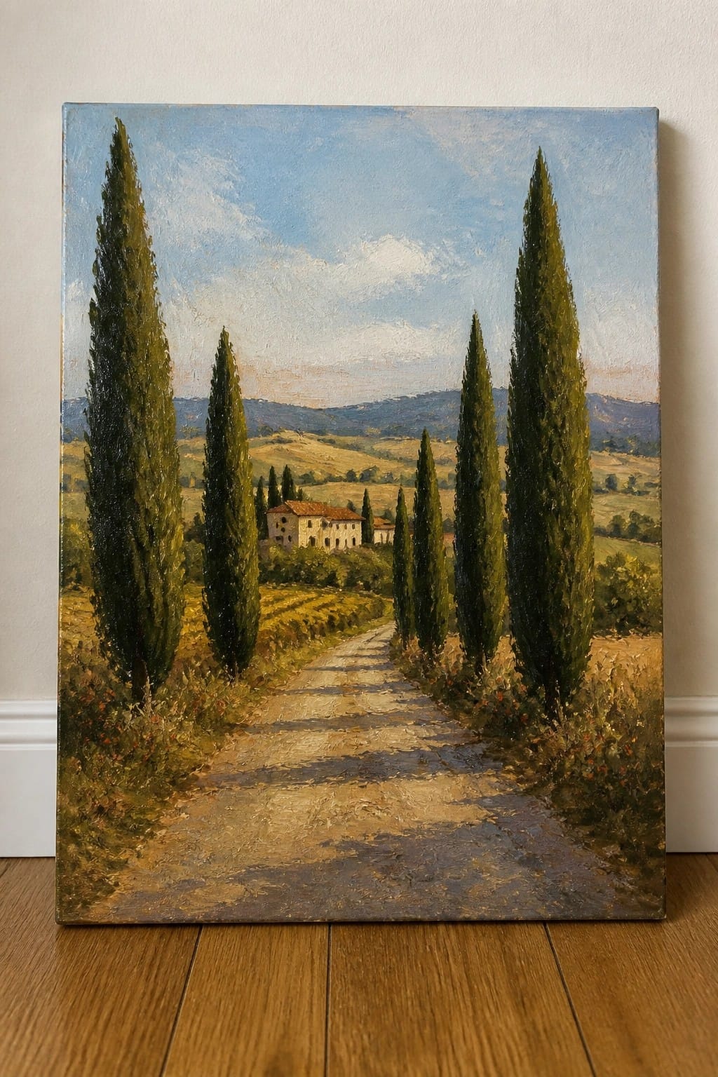 Oil painting of dirt path lined with tall cypress trees to farmhouse in hills.