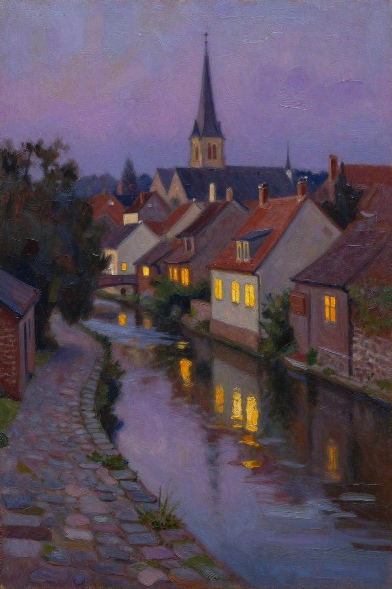 Twilight canal with glowing windows, church steeple, red roofs, and cobblestone path