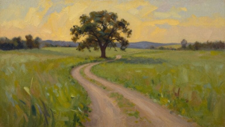 Winding path through wildflower meadow curves past large tree under golden sunset sky, impressionist style