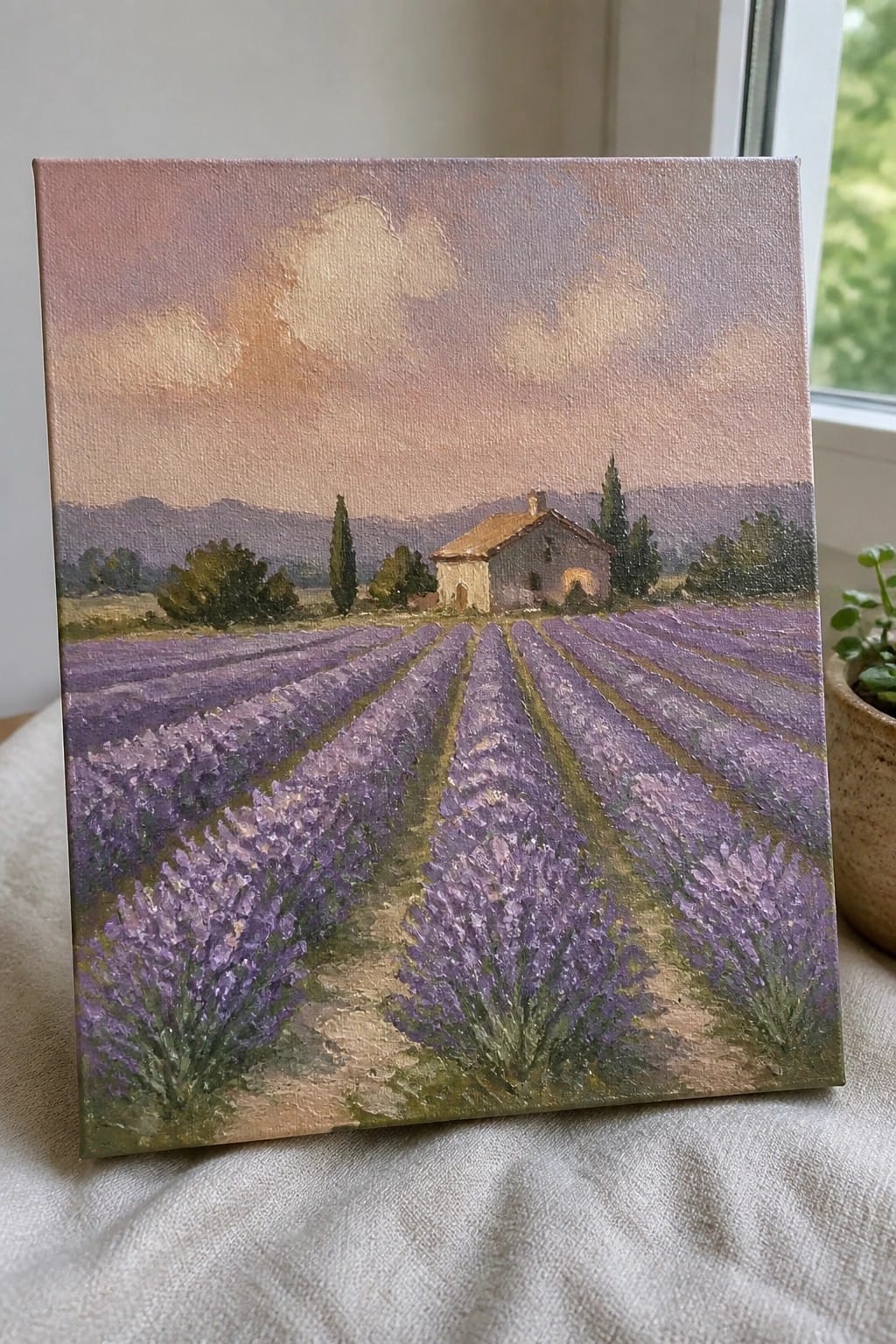 Painting of lavender rows leading to a house under a pink-orange sunset sky.