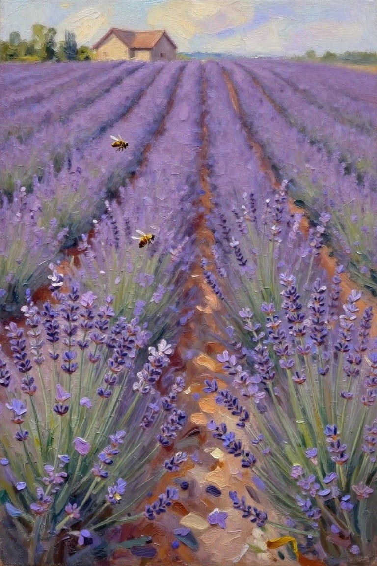 Impressionist painting of purple lavender rows with bees flying toward a distant house