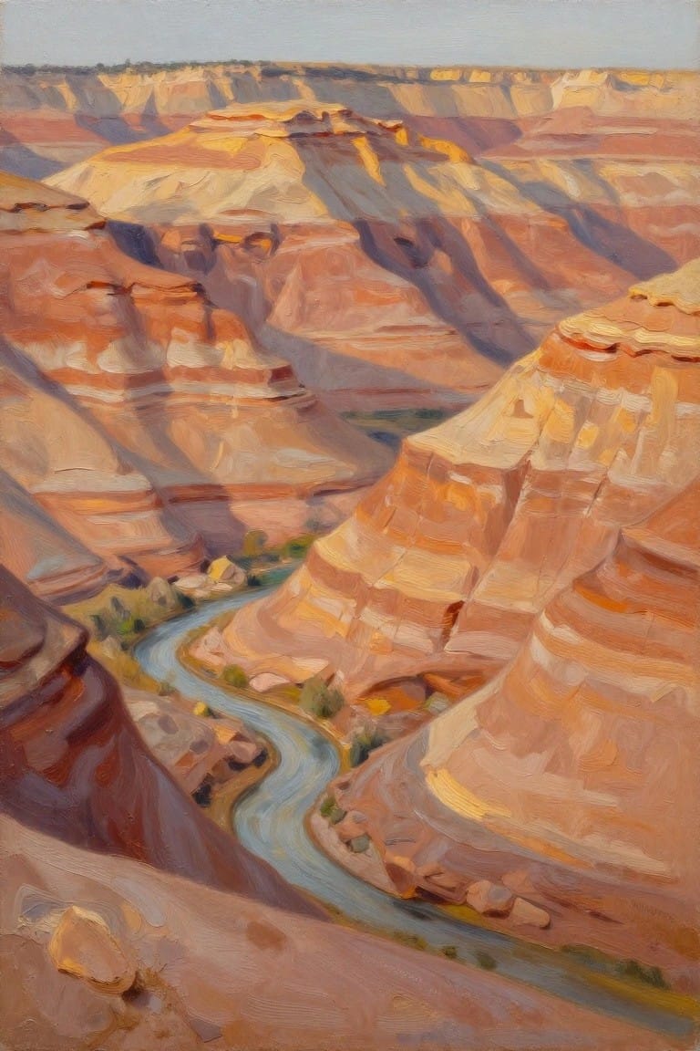 Layered red-orange canyon cliffs with winding blue river and long shadows.