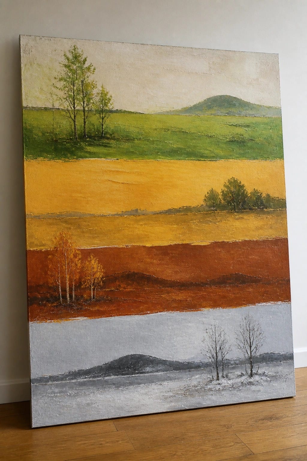 Abstract painting with horizontal bands of green, yellow, orange, brown, and gray landscapes with trees.