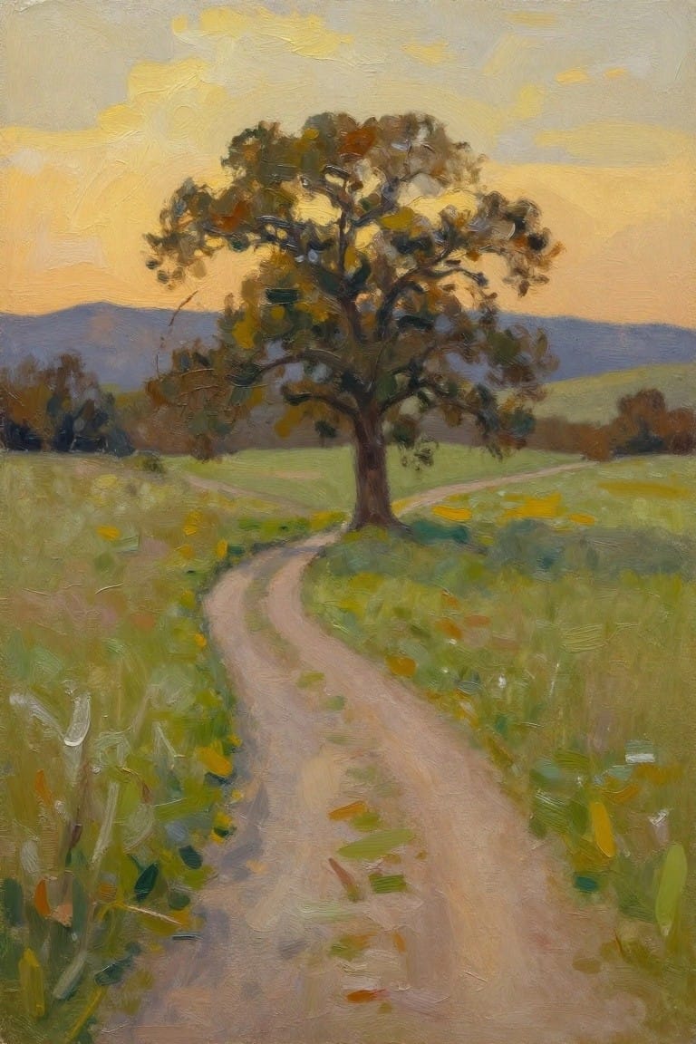 Winding path through wildflower meadow curves past large tree under golden sunset sky, impressionist style