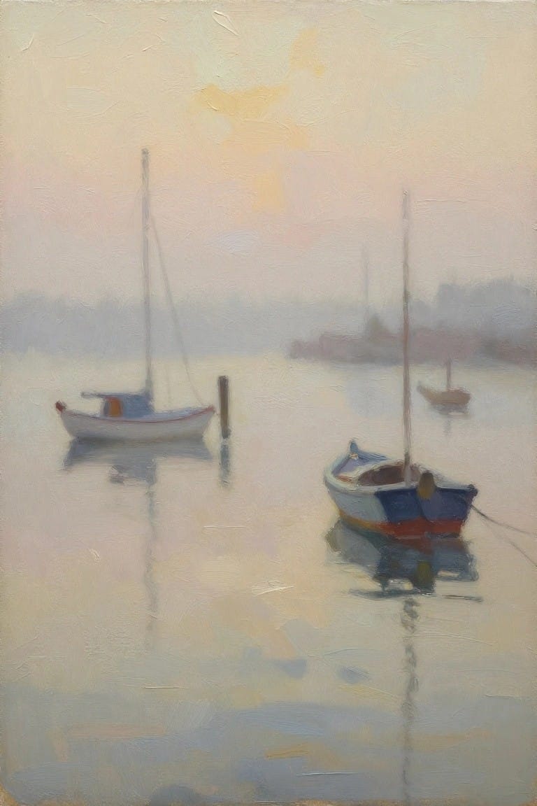 Two sailboats on calm misty water under a soft pink and yellow sky