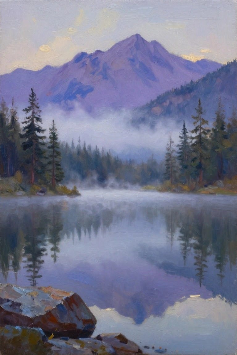 Misty lake reflecting purple mountains, pine trees, and foreground rocks at dawn