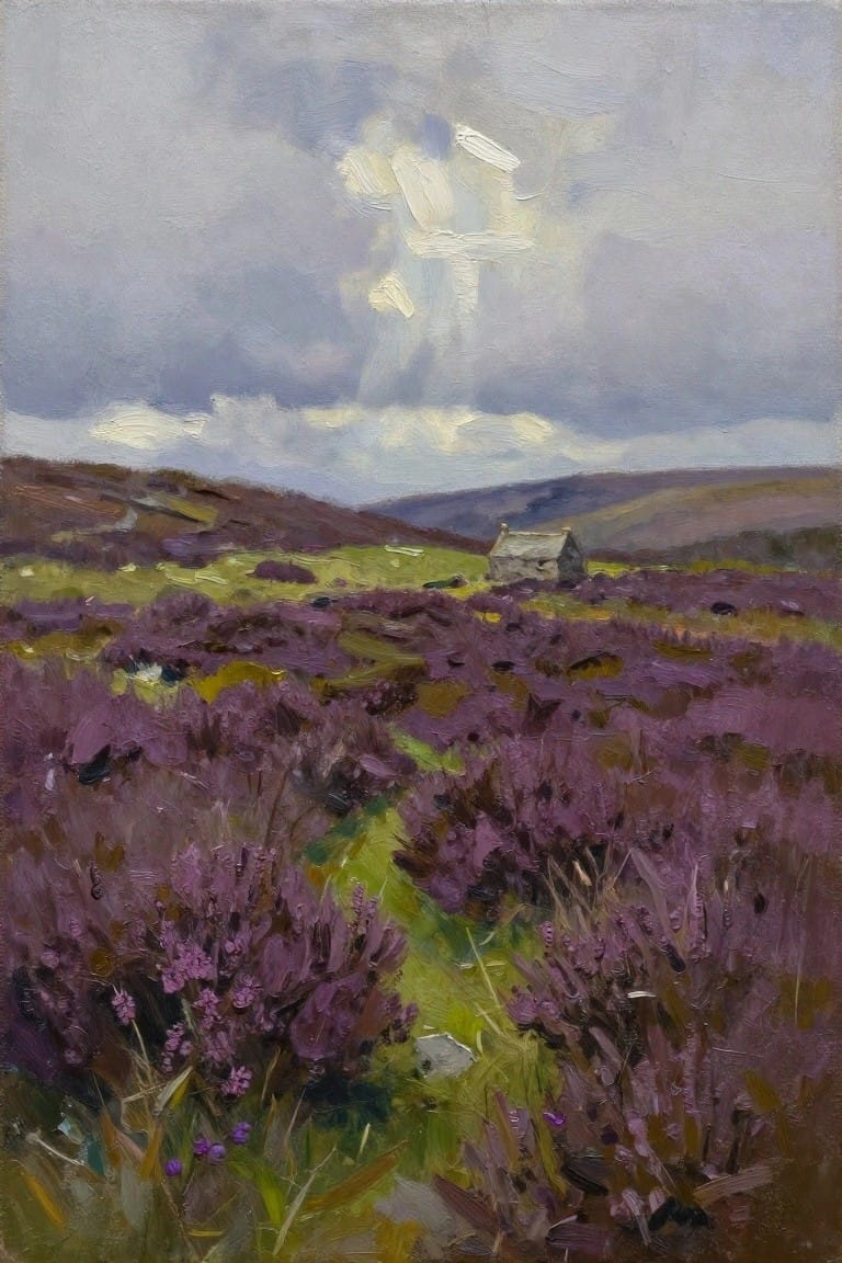 Purple heather moorland with distant cottage under dramatic cloudy sky