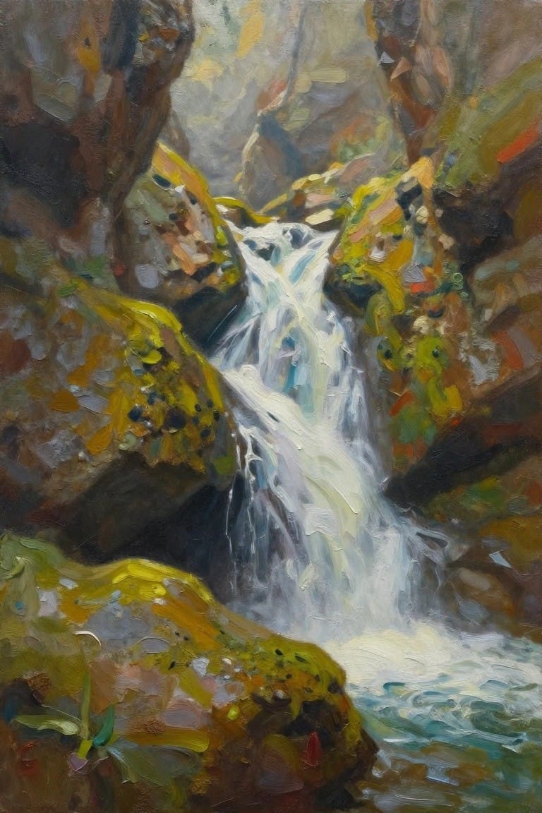 An oil painting of a waterfall flowing between moss-covered rocks in a rocky canyon.