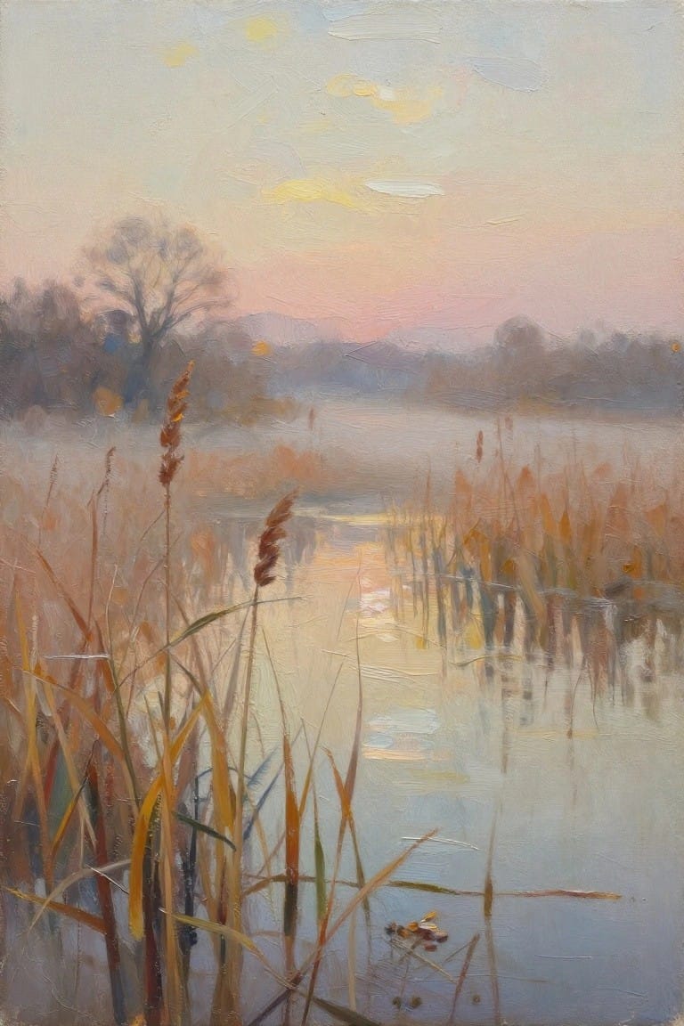 Oil painting of tall reeds in water with misty trees and a pink-yellow sunrise sky reflected on the surface.