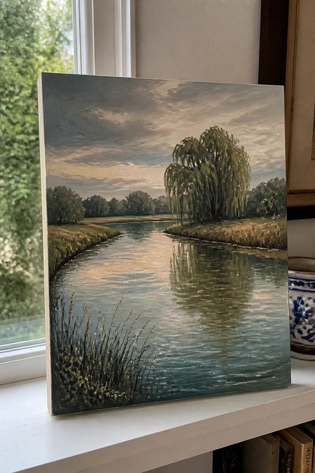 Oil painting of winding river with willow tree on white windowsill beside vase