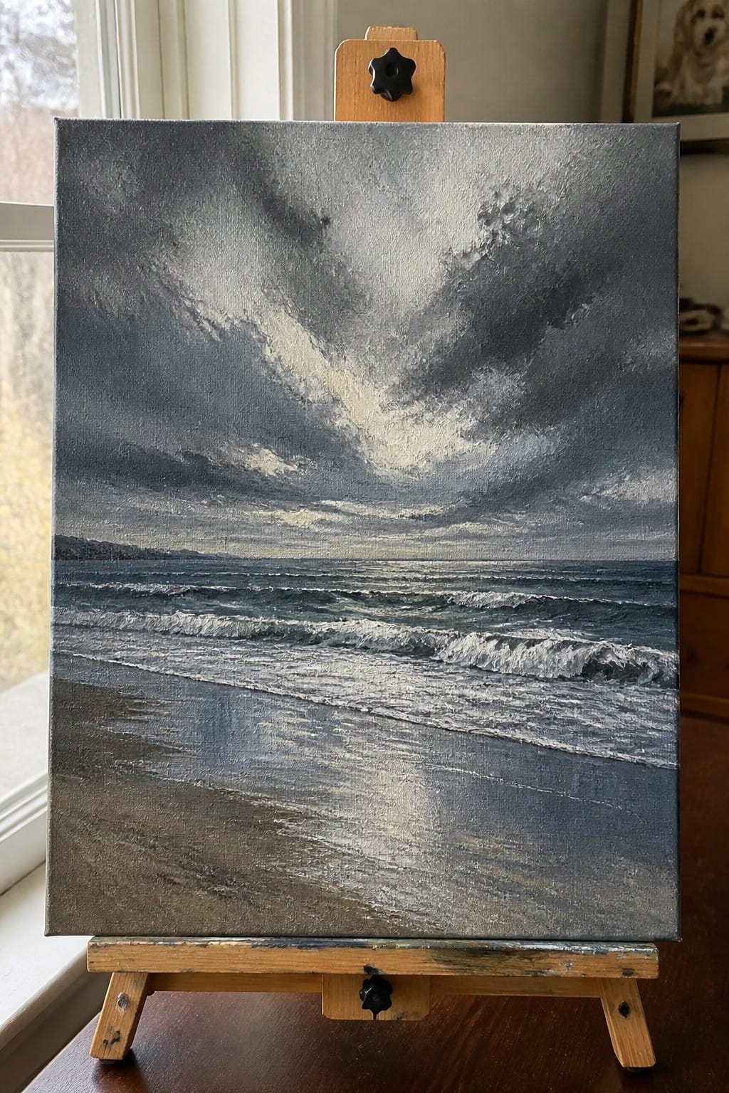 Stormy seascape painting with dark clouds and crashing waves on wooden easel.