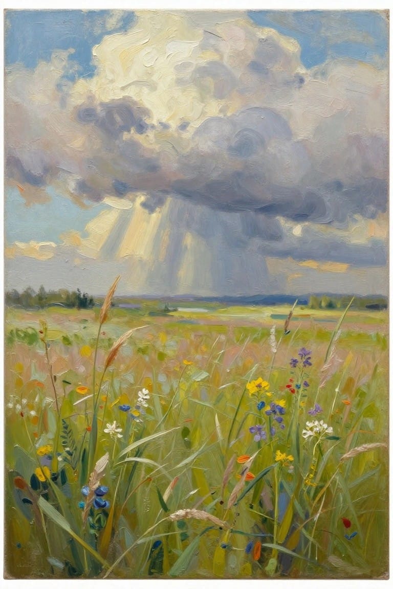 Sun rays piercing stormy clouds over a vibrant wildflower meadow