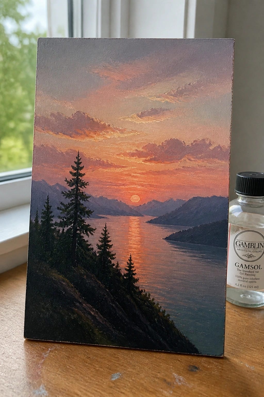Oil painting of sunset over mountain lake beside Gamsol bottle on wooden table