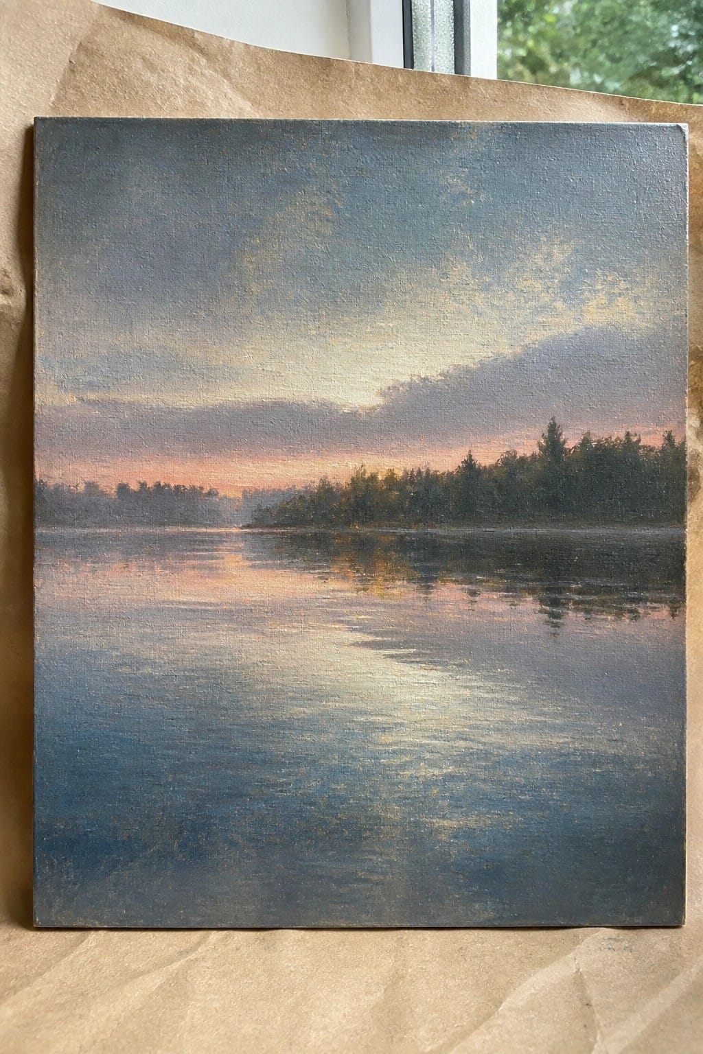 Serene lake painting at sunset with pink-orange sky reflecting on calm blue water.