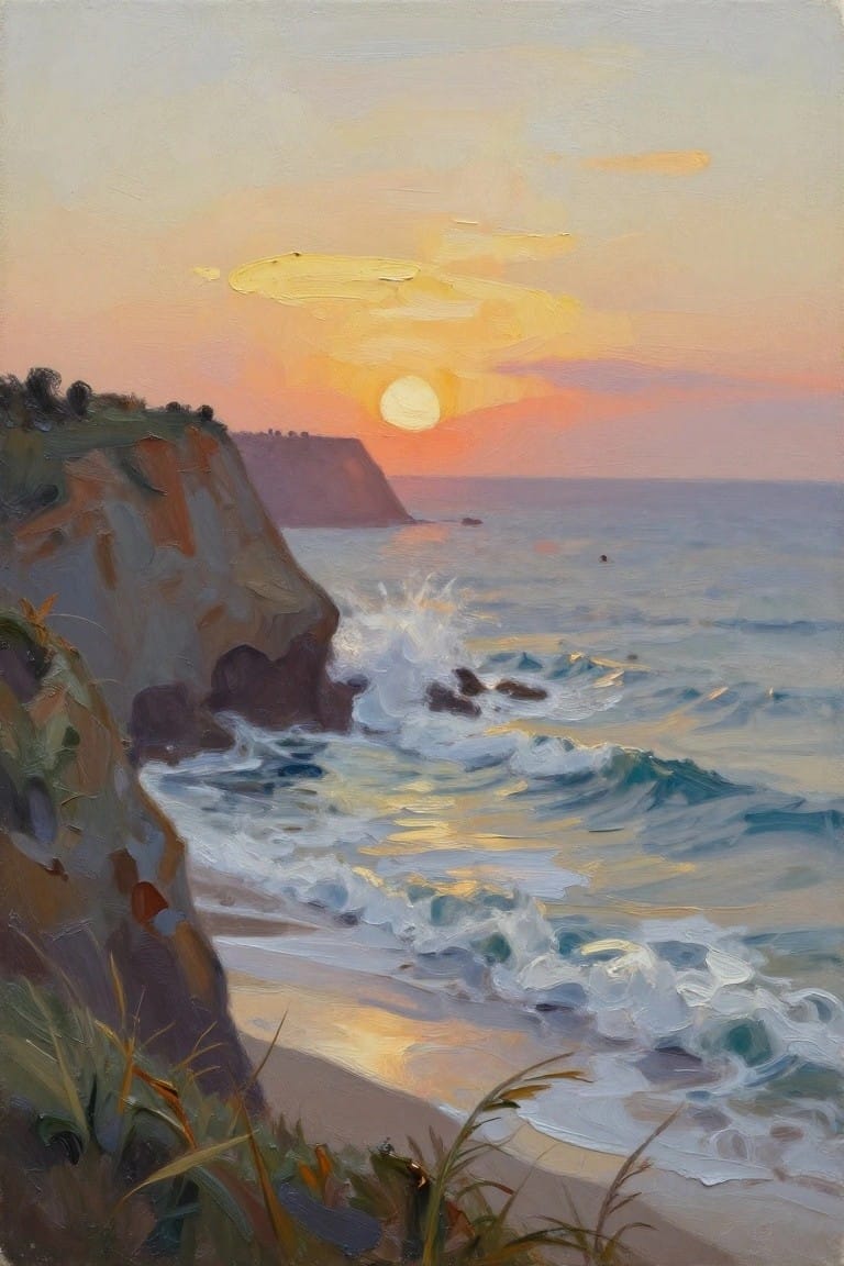 Waves crash on shore near rocky cliffs under orange sunset sky with golden sun.