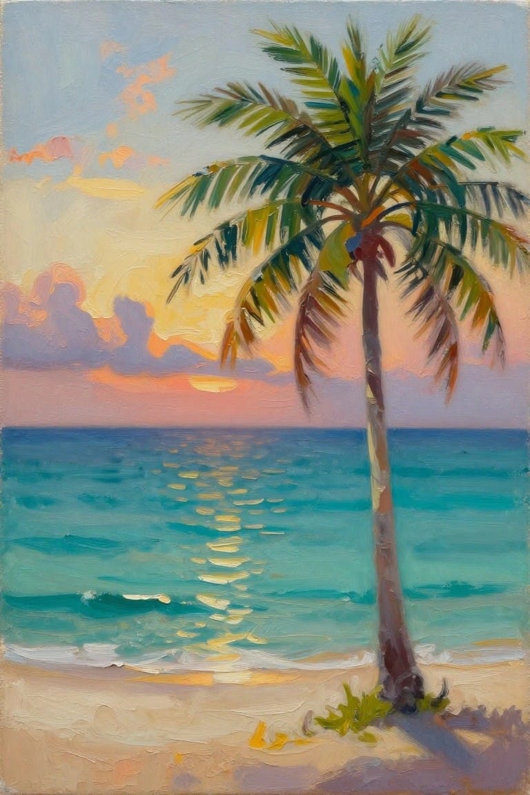 Tall palm tree on beach by turquoise ocean under vibrant sunset sky