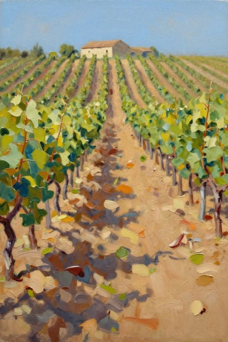 Oil painting of vineyard rows with green vines leading to white farmhouse