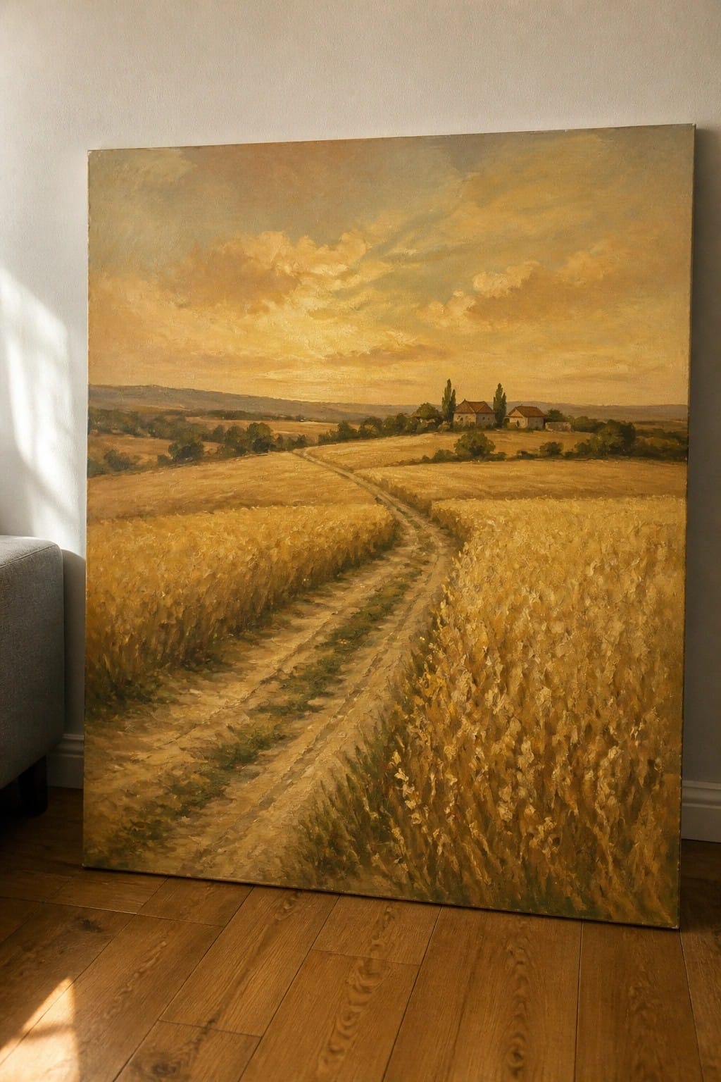 Large landscape painting of golden wheat fields with dirt path, displayed on wooden floor.