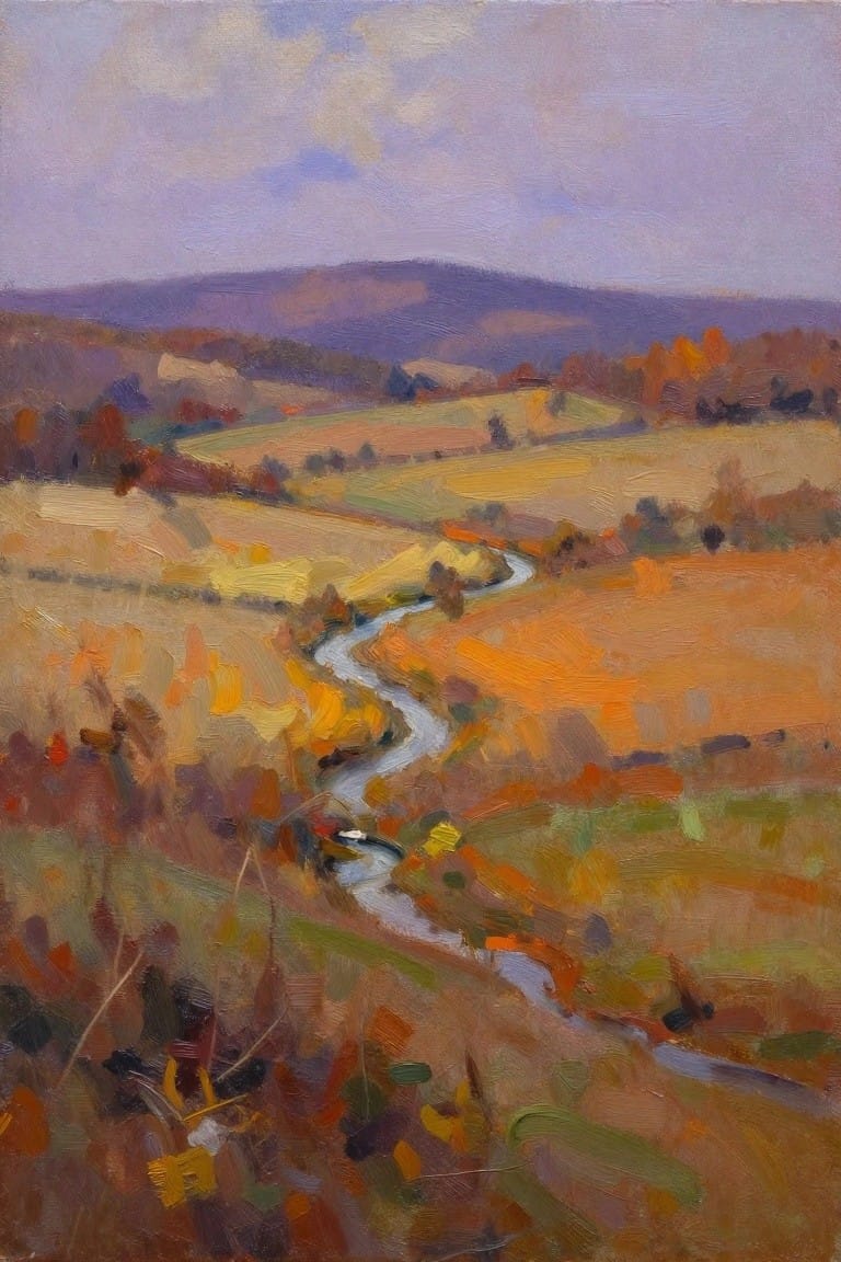 Autumn landscape with winding creek through golden fields and rolling hills in oil
