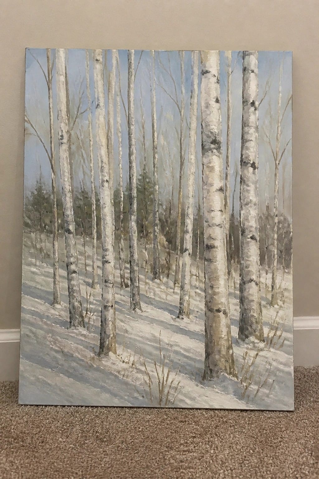 Painting of tall white birch trees in snowy winter forest with shadows