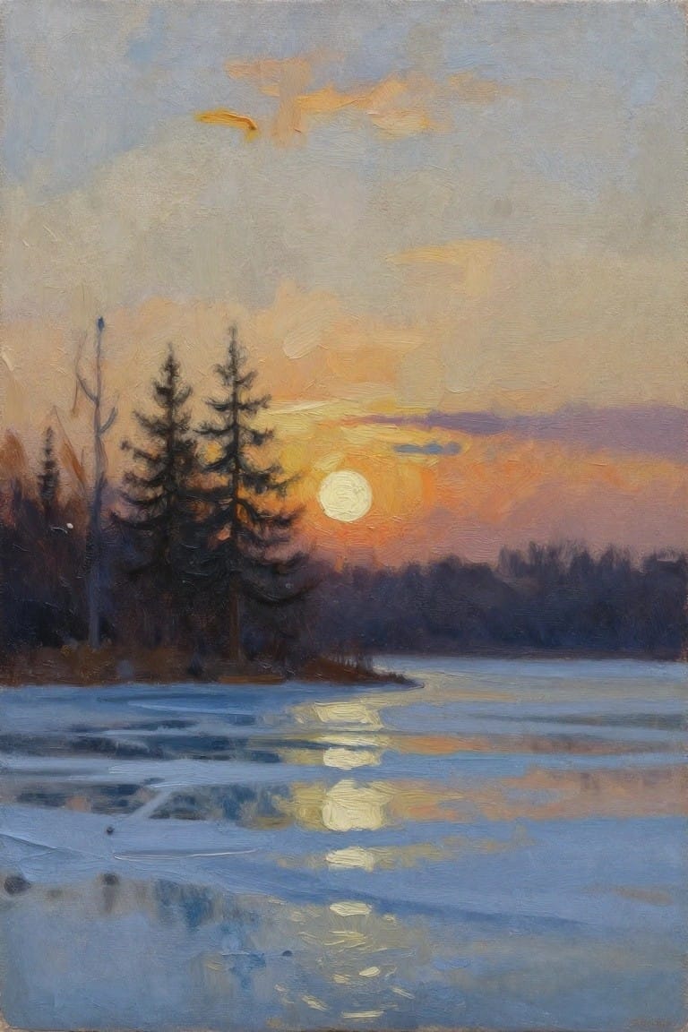 Sunset painting with glowing sun reflecting on frozen lake amid pine trees
