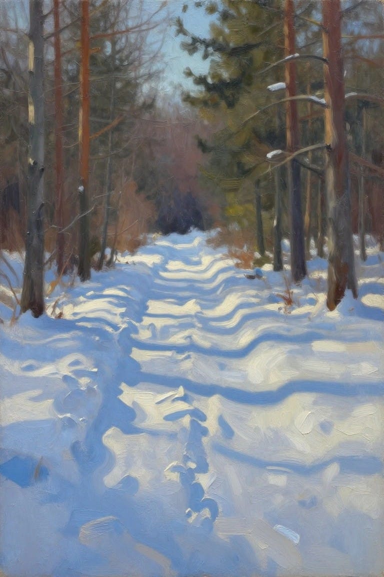 Snowy path with blue shadows winding through tall pine trees in winter forest