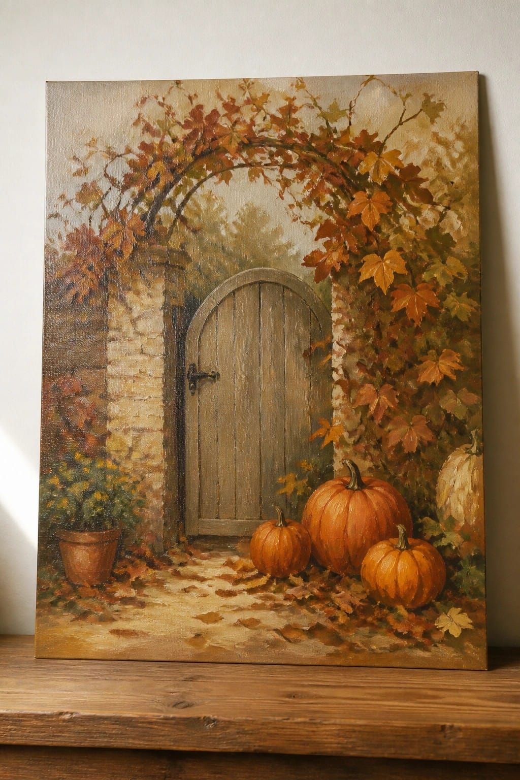 Autumn painting of arched wooden gate, pumpkins, and orange leaf vines.