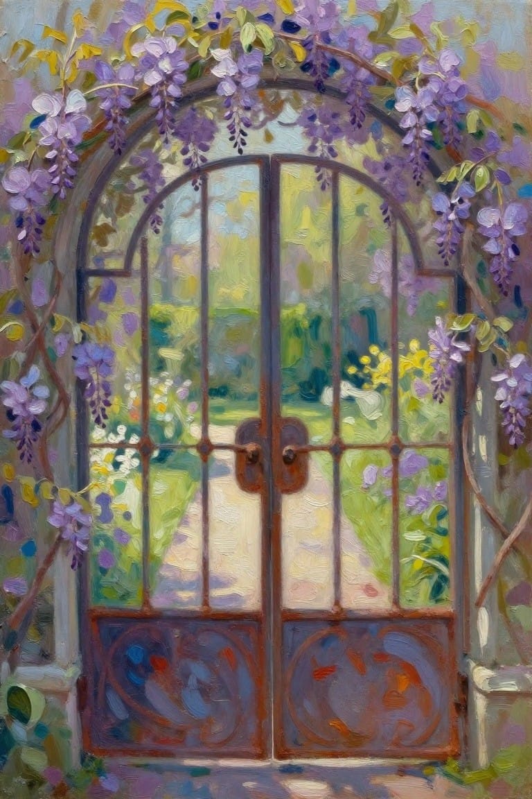 Arched double doors draped in purple wisteria overlooking a sunlit garden