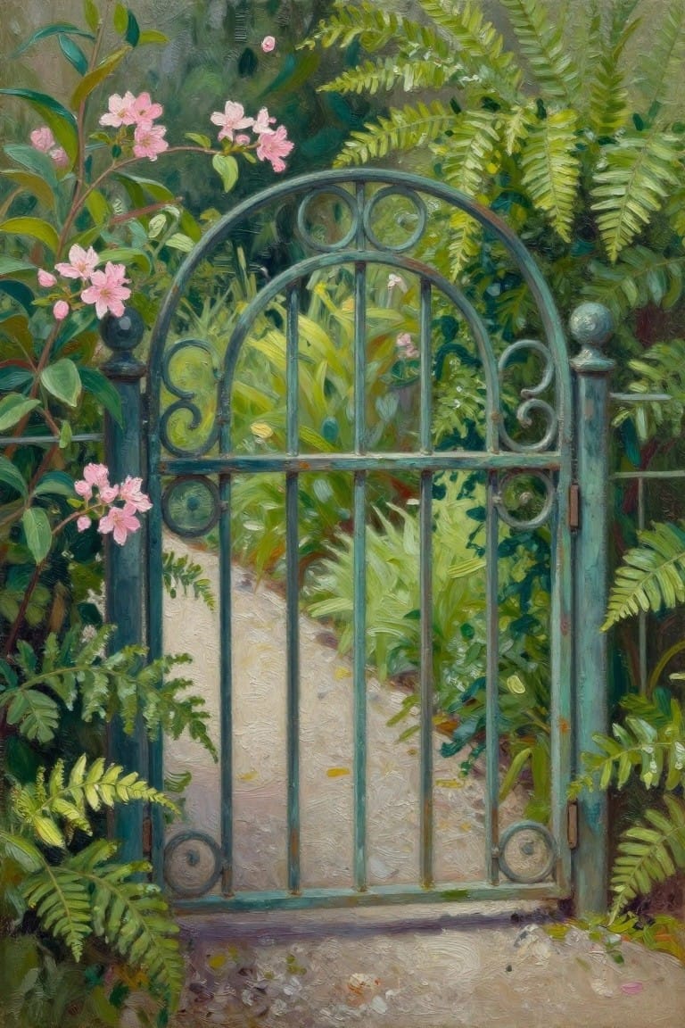 Ornate teal arched gate amid pink flowers and lush green ferns and foliage.