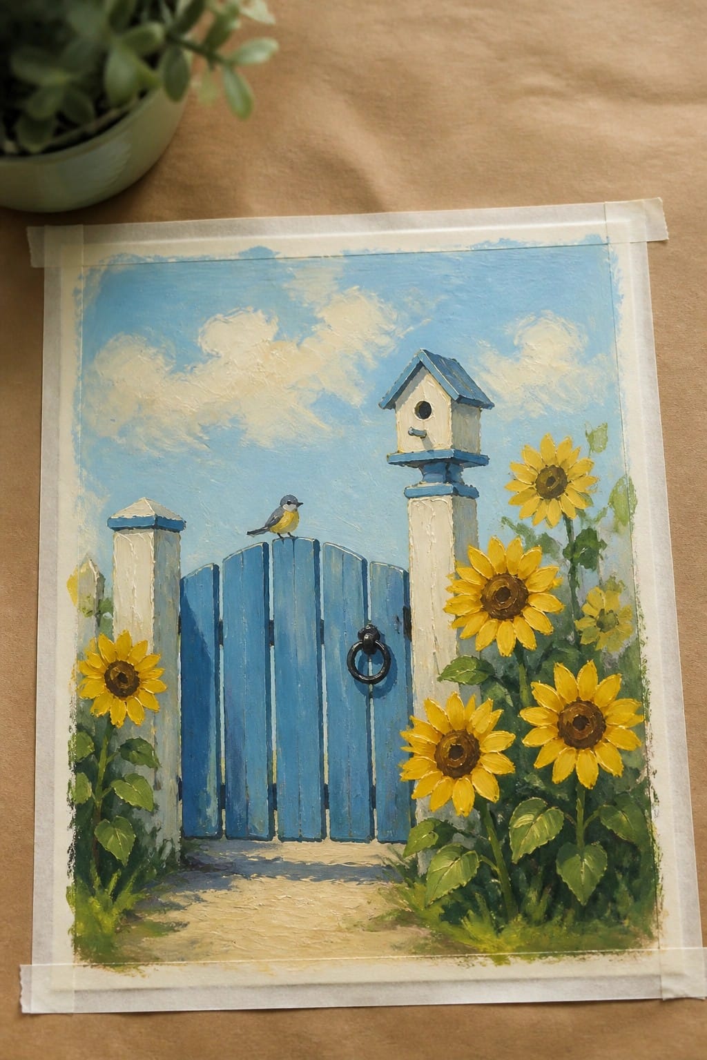Painting of blue wooden gate with sunflowers, birdhouse, and small bird under blue sky.