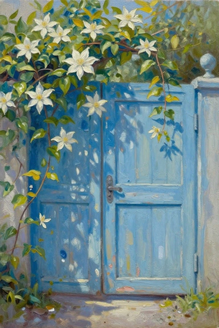 Blue wooden door overgrown with white flowers and green vines in sunlight