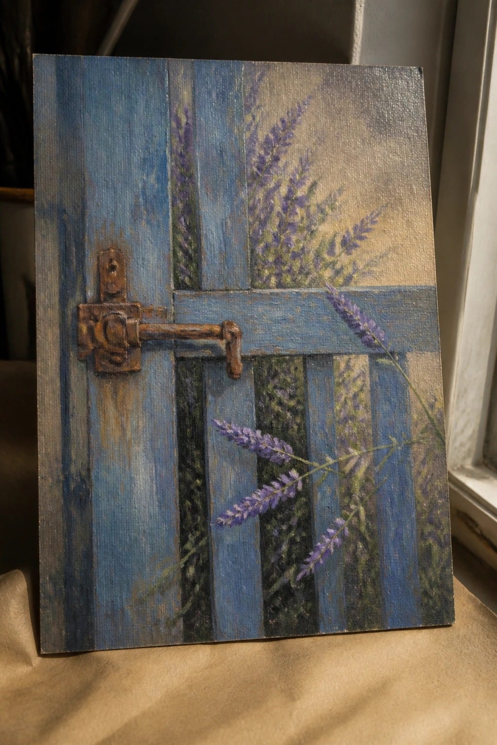 Weathered blue wooden door with rusty latch and purple lavender flowers