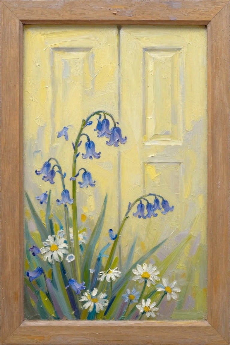 Bluebells and daisies blooming before yellow double doors in textured oil painting