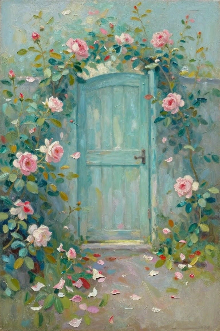 Teal wooden door arched with blooming pink roses and scattered petals on ground.