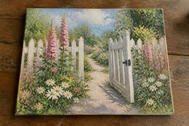 21 Timeless Garden Gate Oil Painting Ideas Designed for Cottage Garden Settings Ajar white picket gate on path lined with pink foxgloves and daisies