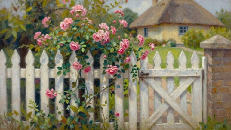 21 Timeless Garden Gate Oil Painting Ideas Designed for Cottage Garden Settings Pink roses climbing white picket fence gate by thatched cottage path
