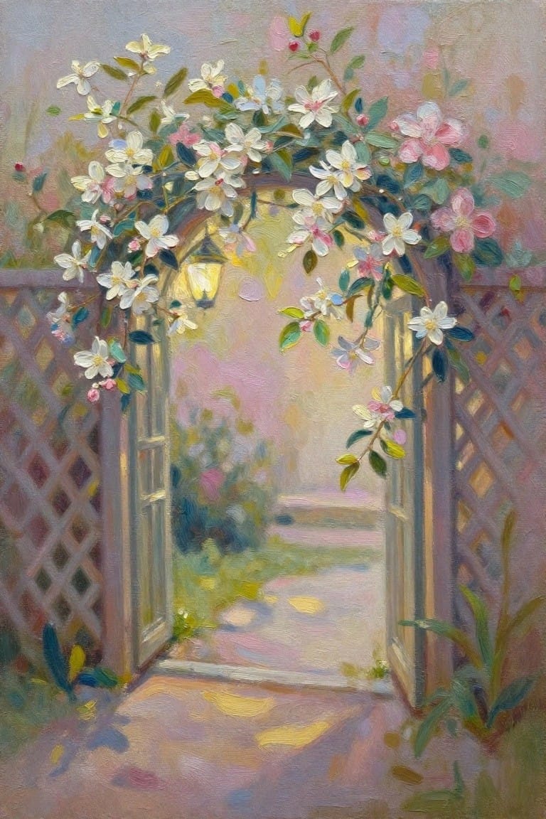 Open wooden gate under blooming white-pink floral archway to sunlit garden path