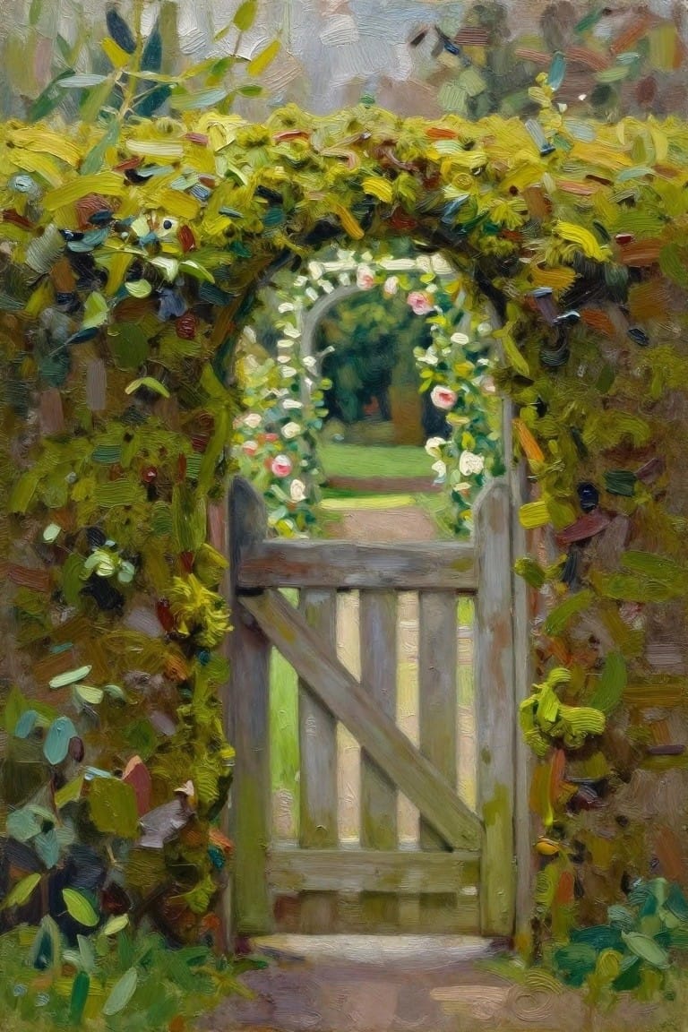 Lush floral arch over wooden garden gate amid vibrant green foliage and path.