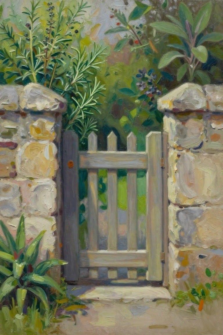 An oil painting of a white wooden garden gate between two stone pillars with green plants and foliage on both sides.