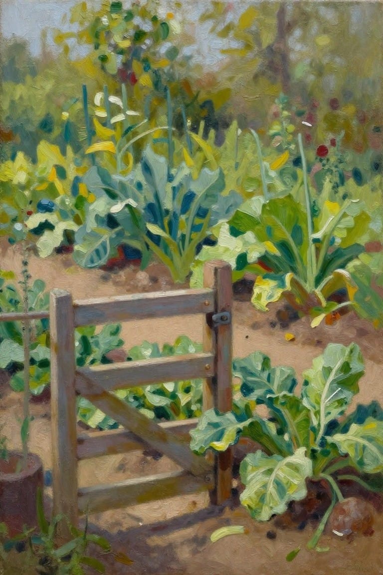 Wooden gate amid lush green vegetables and colorful flowers in impressionist painting.