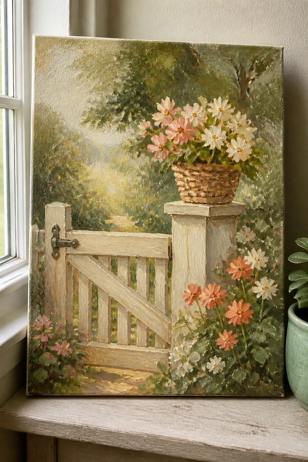 White gate with pink-white flower basket on stone post amid garden blooms.