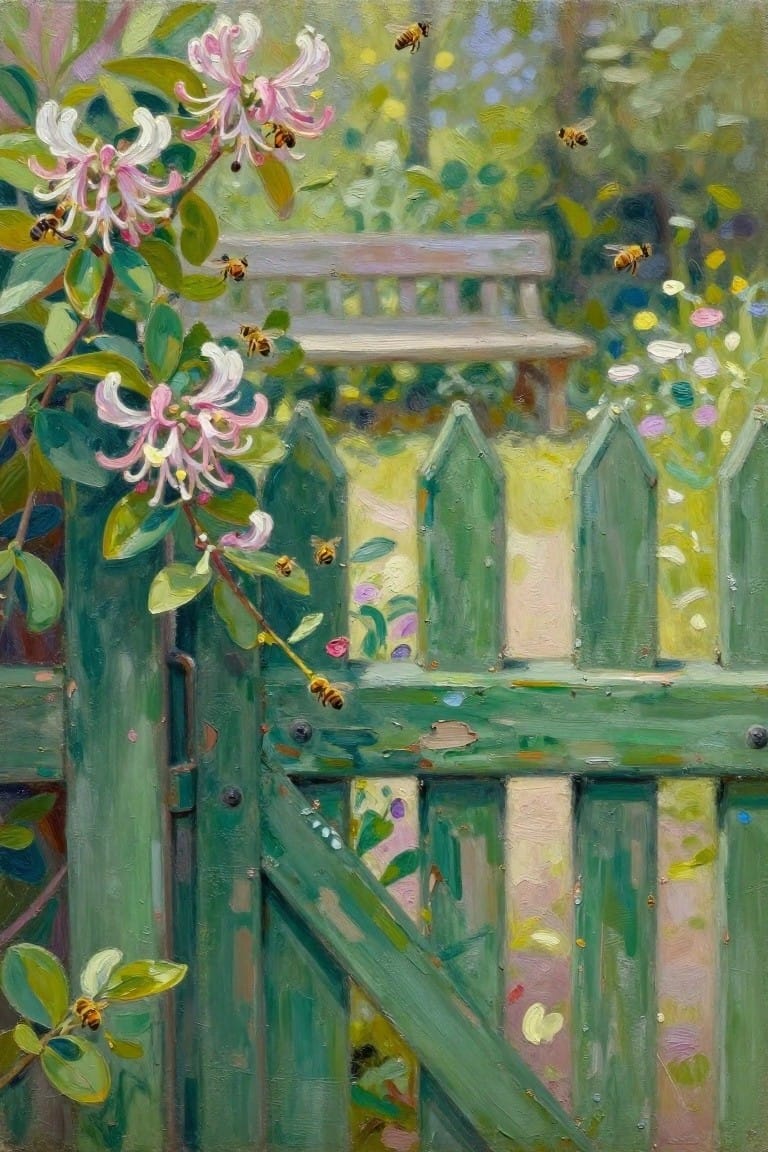 Green picket fence with pink flowers, bees, and garden bench beyond.